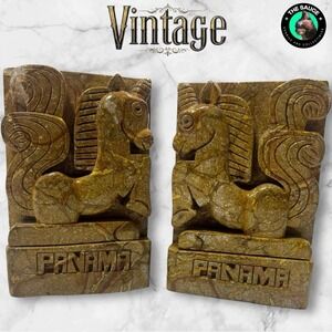 Vintage Panama Unicorn Bookends Hand Carved Stone Tan Mythical Folk Art Decor